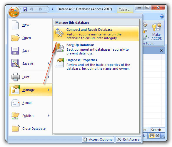 Find out Compact and Repair Database in Access 2007 Ribbon