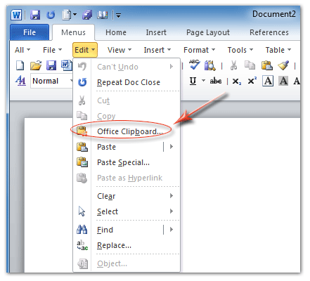 Figure 1: Office Clipboard in Word 2010's Edit Menu