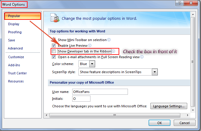 Where is the Enable Developer Tab in Word 2007, 2010, 2013, 2016, 2019