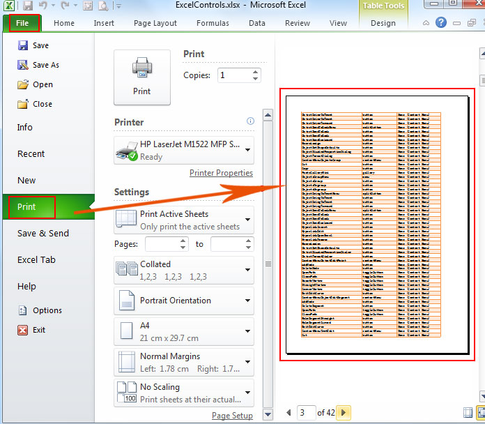 print preview shortcut key in excel