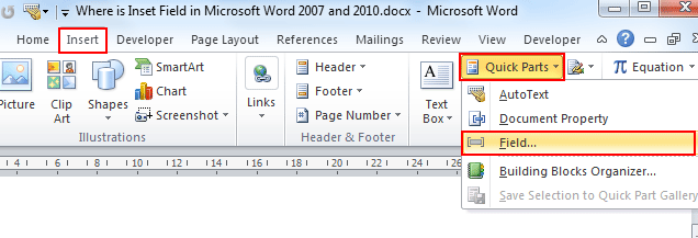 Where Is The Insert Field In Microsoft Word 2007 2010 2013 2016 