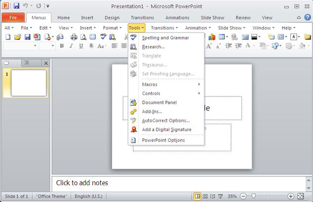 screenshot of Classic Menu for PowerPoint 2010